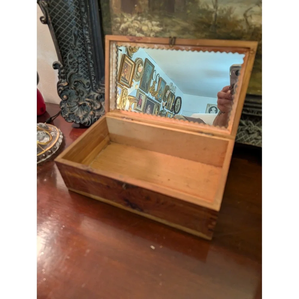 Vintage Cedar Carved Wooden Jewelry Box Decoupage Landscape Mirror Dovetail
